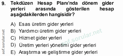 9. soru: Tekdüzen Hesap Plani'nda dönem gider yerleri arasında gösterilen hesap aşağıdakilerden hangisidir? A) Esas üretim gid…