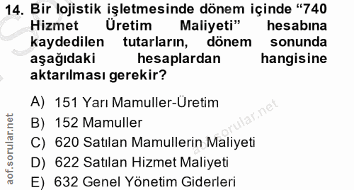 14. soru: Bir lojistik işletmesinde dönem içinde "740 Hizmet Uretim Maliyeti" hesabina kaydedilen tutarların, dönem sonunda aşa…