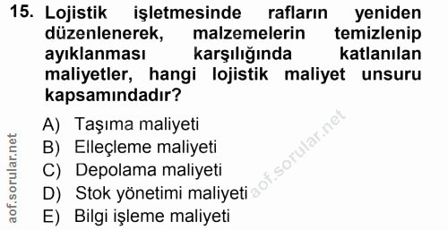 15. soru: Lojistik işletmesinde rafların yeniden düzenlenerek, malzemelerin temizlenip ayıklanması karşılığında katlanılan mali…