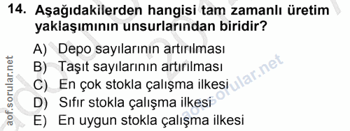 14. soru: Aşağıdakilerden hangisi tam zamanlı üretim yaklaşımının unsurlarından biridir? A) Depo sayılarının artırılması B) Taş…