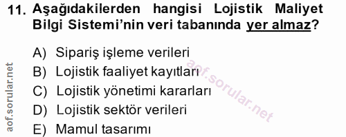 11. soru: Aşağıdakilerden hangisi Lojistik Maliyet Bilgi Sistemi'nin veri tabanında yer almaz? A) Sipariş işleme verileri B) Lo…
