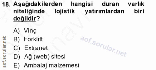 18. soru: Aşağıdakilerden hangisi duran varlık niteliğinde lojistik yatırımlardan biri değildir? A) Vinç B) Forklift C) Extrane…