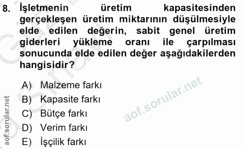 8. soru: Işletmenin üretim kapasitesinden gerçekleşen üretim miktarının düşülmesiyle elde ,edilen değerin, sabit genel üretim…