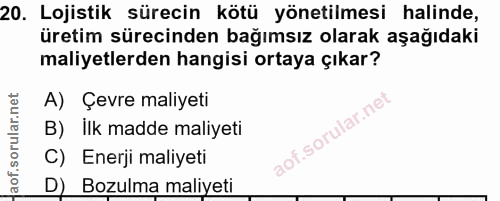 20. soru: Lojistik sürecin kötü yönetilmesi halinde, üretim sürecinden bağımsız olarak aşağıdaki maliyetlerden hangisi ortaya ç…
