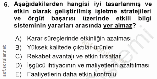6. soru: Aşağıdakilerden hangisi iyi tasarlanmış ve etkin olarak geliştirilmiş işletme stratejileri ve örgüt başarısı üzerinde…