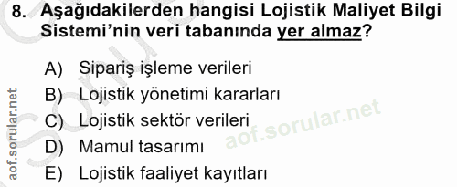 8. soru: Aşağıdakilerden hangisi Lojistik Maliyet Bilgi Sistemi'nin veri tabanında yer almaz? A) Sipariş işleme verileri B)_ L…