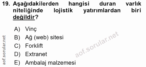 19. soru: Aşağıdakilerden hangisi duran varlık niteliğinde lojistik yatırımlardan biri değildir? A) Vinç B) Ağ (web) sitesi C)…