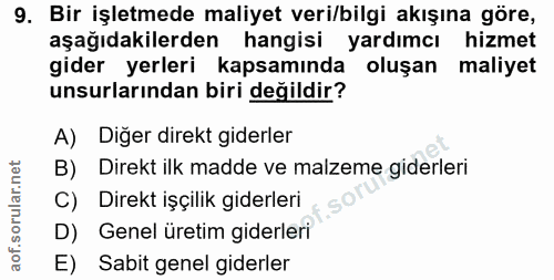 9. soru: Bir işletmede maliyet veri/bilgi akışına göre, aşağıdakilerden hangisi yardımcı hizmet gider yerleri kapsamında oluşa…