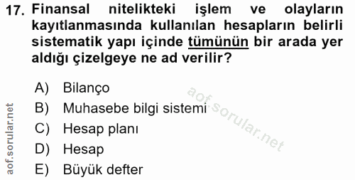 17. soru: Finansal nitelikteki işlem ve olayların kayıtlanmasında kullanılan hesapların belirli sistematik yapı içinde tümünün…