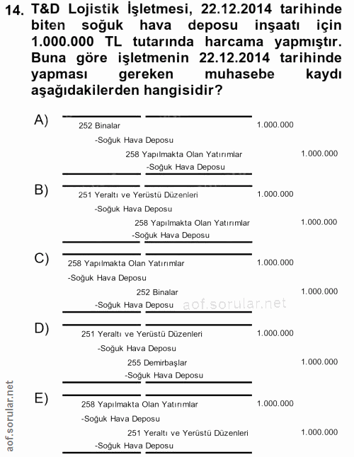 14. soru: T&D Lojistik İşletmesi, 22.12.2014 tarihinde biten soğuk hava deposu inşaatı için 1.000.000 TL tutarında harcama yapm…