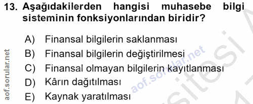 13. soru: Aşağıdakilerden hangisi muhasebe bilgi sisteminin fonksiyonlarından biridir? A) Finansal bilgilerin saklanması B) Fin…