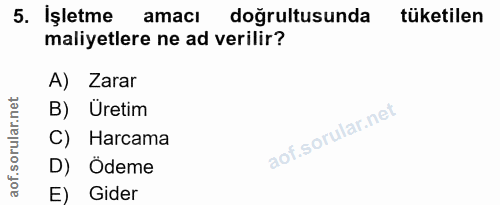 5. soru: İşletme amacı doğrultusunda tüketilen maliyetlere ne ad verilir? A) Zarar B) Uretim C) Harcama D) Ödeme E) Gider
