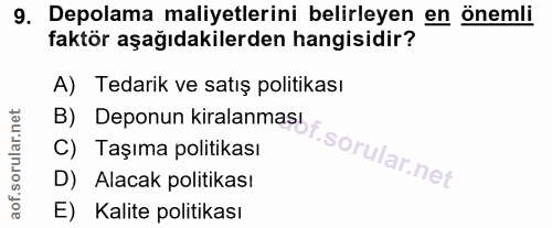 9. soru: Depolama maliyetlerini belirleyen en önemli faktör aşağıdakilerden hangisidir? A) Tedarik ve satış politikası B) Depo…