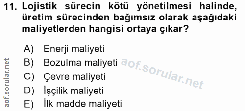 11. soru: Lojistik sürecin kötü yönetilmesi halinde, üretim sürecinden bağımsız olarak aşağıdaki maliyetlerden hangisi ortaya ç…