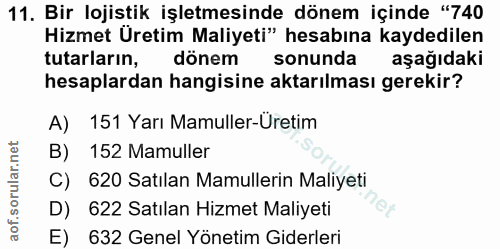 11. soru: Bir lojistik işletmesinde dönem içinde "740 Hizmet Uretim Maliyeti" hesabına kaydedilen tutarların, dönem sonunda aşa…