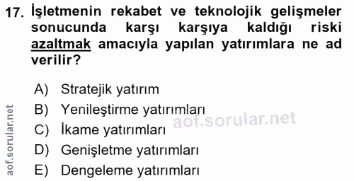 17. soru: İşletmenin rekabet ve teknolojik gelişmeler sonucunda karşı karşıya kaldığı riski azaltmak amacıyla yapılan yatırımla…