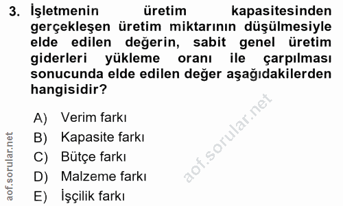 3. soru: Işletmenin üretim kapasitesinden gerçekleşen üretim miktarının düşülmesiyle elde edilen degerin, sabit genel üretim g…