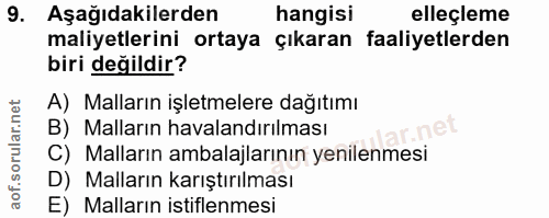 9. soru: Aşağıdakilerden hangisi elleçleme maliyetlerini ortaya çıkaran faaliyetlerden biri değildir? A) Malların işletmelere…