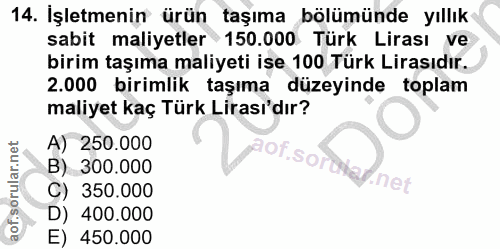 14. soru: İşletmenin ürün taşıma bölümünde yıllık sabit maliyetler 150.000 Türk Lirası ve birim taşıma maliyeti ise 100 Türk Li…