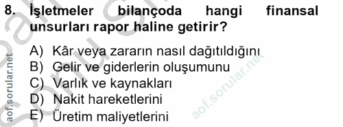 8. soru: İşletmeler bilançoda hangi finansal unsurları rapor haline getirir? A) Kâr veya zararın nasıl dağıtıldığını B) Gelir…