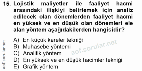15. soru: Lojistik maliyetler ile faaliyet hacmi arasındaki ilişkiyi belirlemek için analiz edilecek olan dönemlerden faaliyet…
