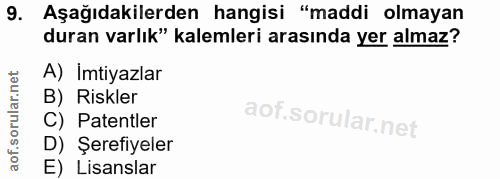 9. soru: Aşağıdakilerden hangisi "maddi olmayan duran varlık" kalemleri arasında yer almaz? A) Imtiyazlar B) Riskler C) Patent…