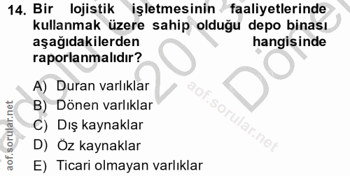 14. soru: Bir lojistik işletmesinin faaliyetlerinde kullanmak üzere sahip olduğu depo binası aşağıdakilerden hangisinde raporla…