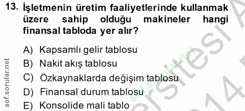 13. soru: İşletmenin üretim faaliyetlerinde kullanmak üzere sahip olduğu makineler hangi finansal tabloda yer alır? S A) Kapsam…
