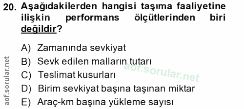 20. soru: Aşağıdakilerden hangisi taşıma faaliyetine ilişkin performans olçütlerinden biri değildir? A) Zamanında sevkiyat B) S…