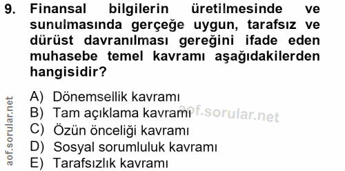 9. soru: Finansal bilgilerin üretilmesinde ve sunulmasında gerçeğe uygun, tarafsız ve dürüst davranılması gereğini ifade eden…