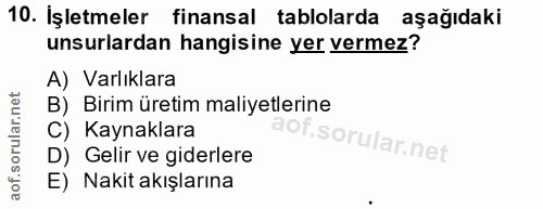 10. soru: Işletmeler finansal tablolarda aşağıdaki unsurlardan hangisine yer vermez? A) Varlıklara B) Birim üretim maliyetlerin…
