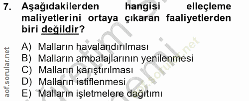 7. soru: Aşağıdakilerden hangisi elleçleme maliyetlerini ortaya çıkaran faaliyetlerden biri değildir? A) Malların havalandırıl…