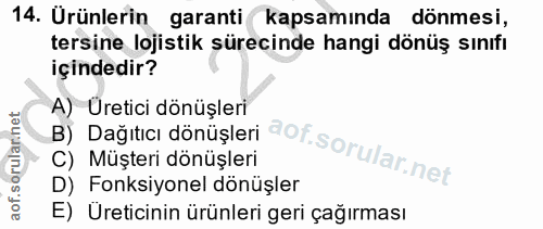 14. soru: Urünlerin garanti kapsamında dönmesi, tersine lojistik şürecinde hangi dönüş sınıfı içindedir? A) Uretici dönüşleri B…