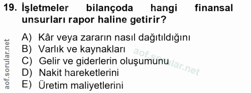 19. soru: Işletmeler bilançoda hangi finansal unsurları rapor haline getirir? A) Kâr veya zararın nasıl dağıtıldığını B) Varlık…