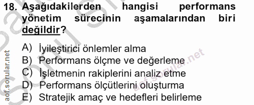 18. soru: Aşağıdakilerden hangisi performans yönetim sürecinin aşamalarından biri değildir? A) İyileştirici önlemler alma B) Pe…