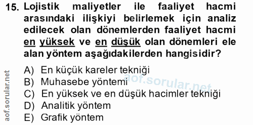 15. soru: Lojistik maliyetler ile faaliyet hacmi arasındaki ilişkiyi belirlemek için analiz edilecek olan dönemlerden faaliyet…