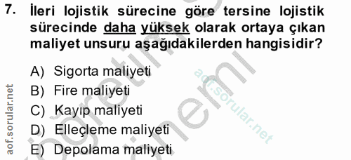 7. soru: Ileri lojistik sürecine göre tersine lojistik sürecinde daha yüksek olarak ortaya çıkan maliyet unsuru aşağıdakilerde…