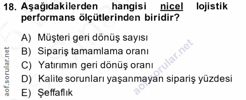 18. soru: Aşağıdakilerden hangisi nicel lojistik performans ölçütlerinden biridir? A) Müşteri geri dönüş sayısı B) Sipariş tama…
