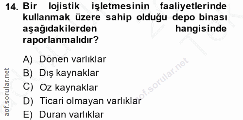 14. soru: Bir lojistik işletmesinin faaliyetlerinde kullanmak üzere sahip olduğu depo binası aşağıdakilerden hangisinde raporla…