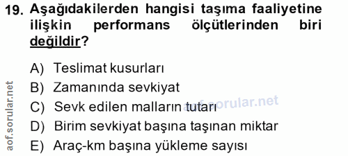 19. soru: Aşağıdakilerden hangisi taşıma faaliyetine ilişkin performans ölçütlerinden biri değildir? A) Teslimat kusurları B) Z…