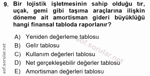 9. soru: Bir lojistik işletmesinin sahip olduğu tır, uçak, gemi gibi taşıma araçlarına ilişkin döneme ait amortisman gideri bü…