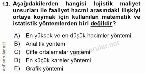 13. soru: Aşağıdakilerden hangisi lojistik maliyet unsurları ile faaliyet hacmi arasındaki ilişkiyi ortaya koymak için kullanıl…