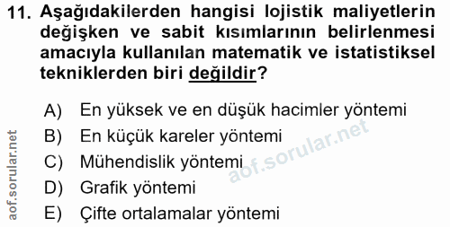 11. soru: Aşağıdakilerden hangisi lojistik maliyetlerin değişken ve sabit kısımlarının belirlenmesi amacıyla kullanılan matemat…