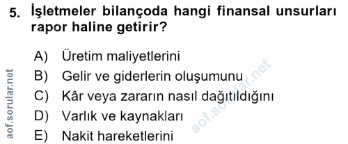 5. soru: İşletmeler bilançoda hangi finansal unsurları rapor haline getirir? A) Üretim maliyetlerini B) Gelir ve giderlerin ol…