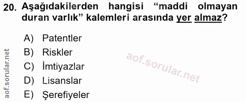 20. soru: Aşağıdakilerden hangisi "maddi olmayan duran varlık" kalemleri arasında yer almaz? A) Patentler B) Riskler C) Imtiyaz…