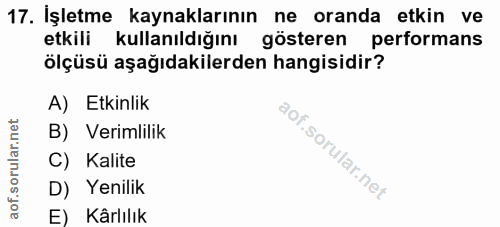 17. soru: İşletme kaynaklarının ne oranda etkin ve etkili kullanıldığını gösteren performans ölçüsü aşağıdakilerden hangisidir?…