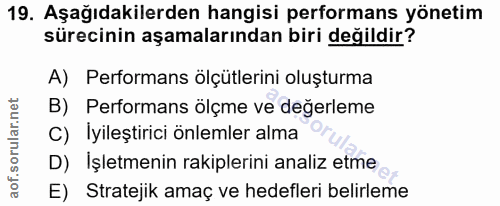 19. soru: Aşağıdakilerden hangisi performans yönetim sürecinin aşamalarından biri değildir? A) Performans ölçütlerini oluşturma…