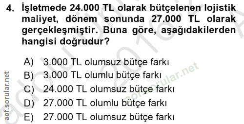 4. soru: İşletmede 24.000 TL olarak bütçelenen lojistik maliyet, dönem sonunda 27.000 TL olarak gerçekleşmiştir. Buna göre, aş…