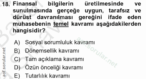 18. soru: Finansal bilgilerin üretilmesinde ve sunulmasında gerçeğe uygun, tarafsız ve dürüst davranılması gereğini ifade eden…