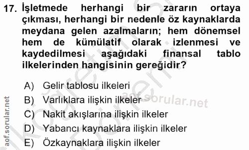 17. soru: İşletmede herhangi bir zararın ortaya çıkması, herhangi bir nedenle öz kaynaklarda meydana gelen azalmaların; hem dön…